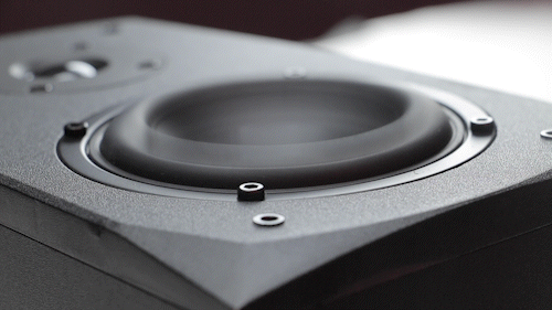 Animated image of a loudspeaker vibrating in slow-motion.