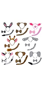 TOPTIE Combined 3 PCS Animal Ears Headband Bow Tie Tail, Zoo Jungle Animals Dress up Halloween Party Costume Accessories