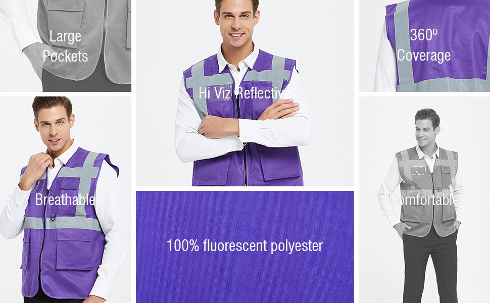GOGO 5 Pockets High Visibility Safety Vest with Reflective Strips, 10 Pack Working Uniform Vest