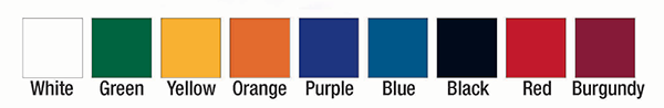 Color options for JWI bleachers. White, green, yellow, orange, purple, blue, black, red, burgundy.