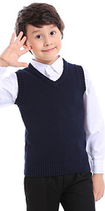 TOPTIE Boy Uniform Sweater Vest with Stripe V-Neck Knitted Sleeveless Pullover