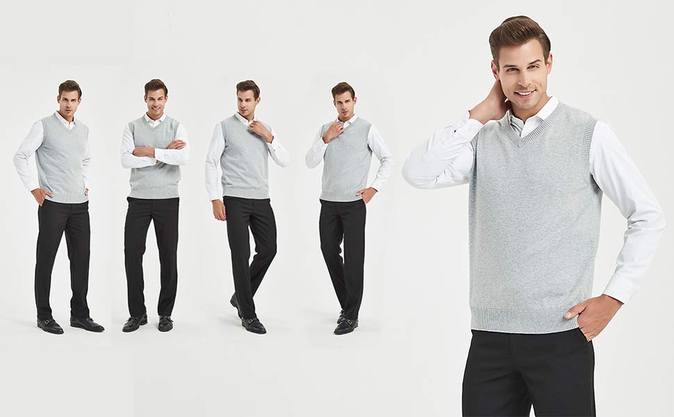 TOPTIE Mens Business Solid Color Plain Sweater Vest, Cotton Fit Casual Pullover