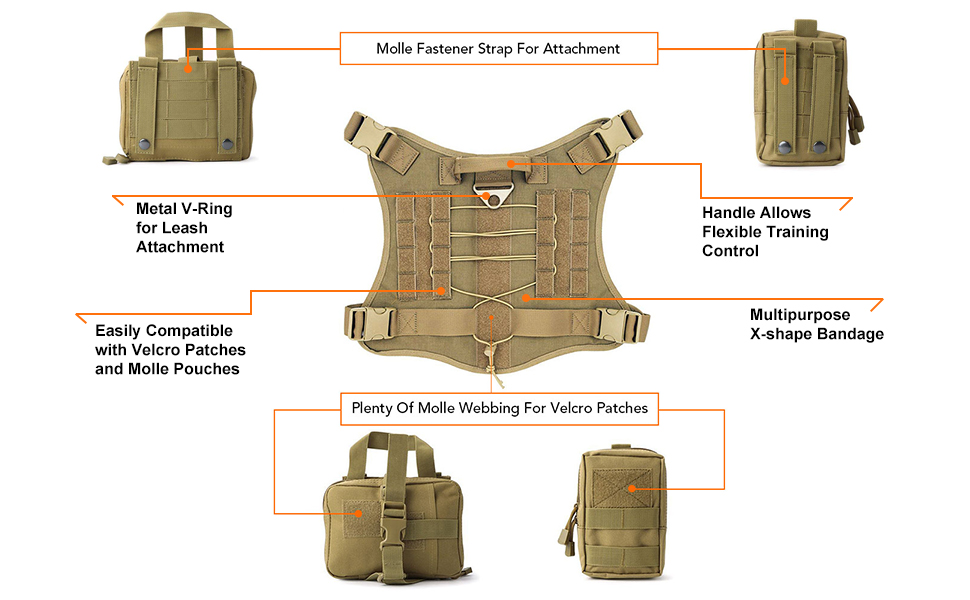 Tactical Service Dog Harness, Dog Training Vest Pet Harness with Molle Pouches and Bottle Holder