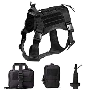 Tactical Service Dog Harness, Dog Training Vest Pet Harness with Molle Pouches and Bottle Holder