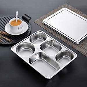 Aspire Stainless Steel Divided Dinner Trays with Metal Cover Portion Control Plate Divided Plates