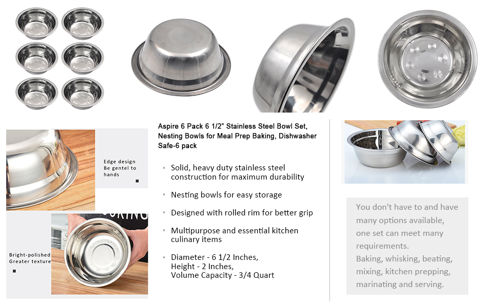 Aspire 6 Pack 6.5 Inch Stainless Steel Bowl Set, Nesting Bowls for Meal Prep Baking, Dishwasher Safe