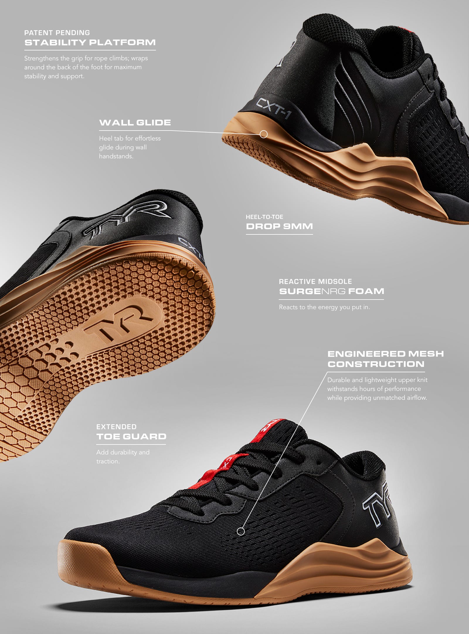 Patent Pending - Stability Platform, Wall Glide, Heel to toe drop 9mm, reactive midsole surgenrg foam, extended toe guard, engineered mesh construction