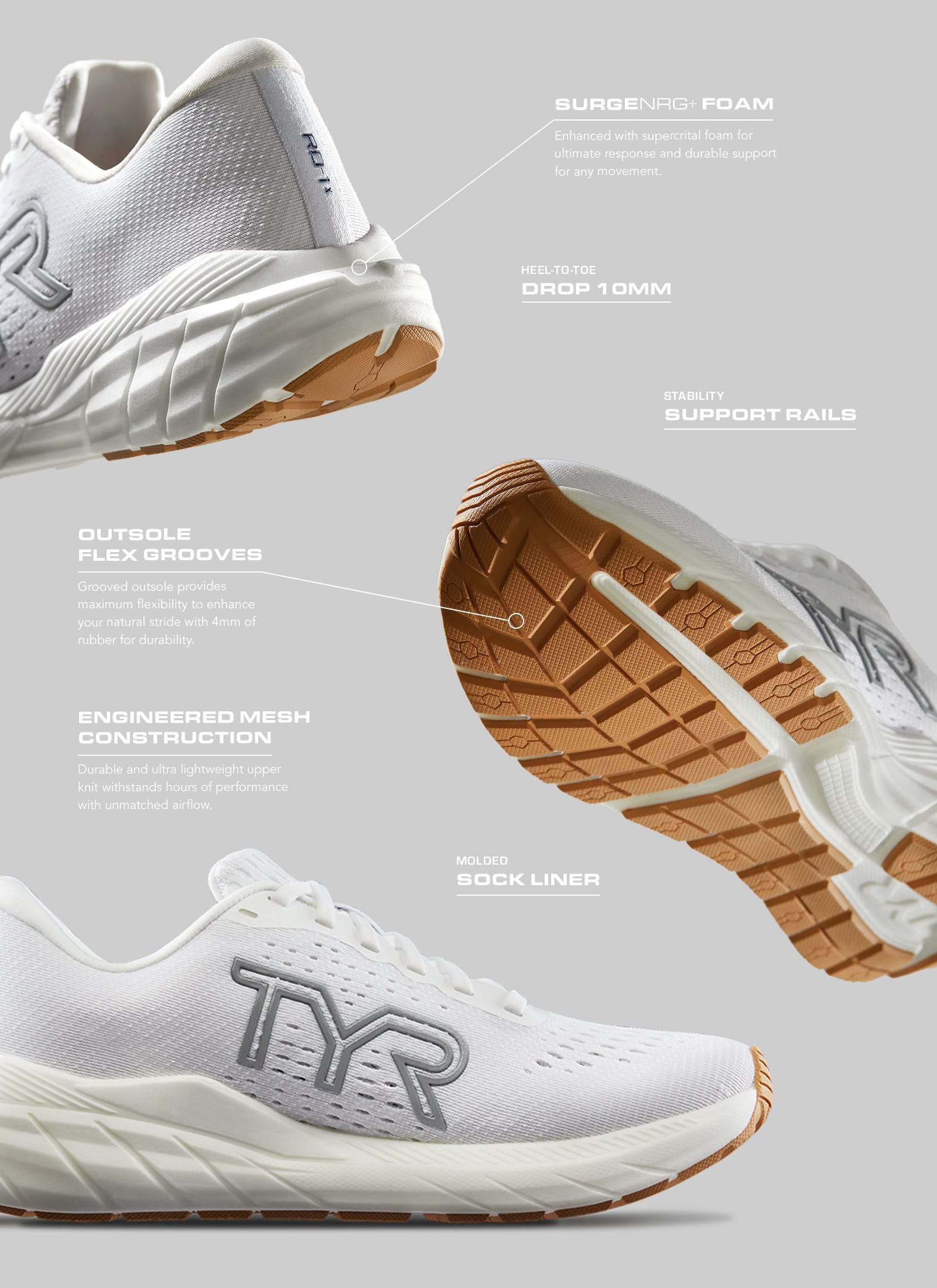 SURGENRG+ FOAM Enhanced with supercritical foam for ultimate response and durable support for any movement. HEEL-TO-TOE DROP 10MM STABILITY SUPPORT RAILS" "OUTSOLE FLEX GROOVES Grooved outsole provides maximum flexibility to enhance your natural stride 