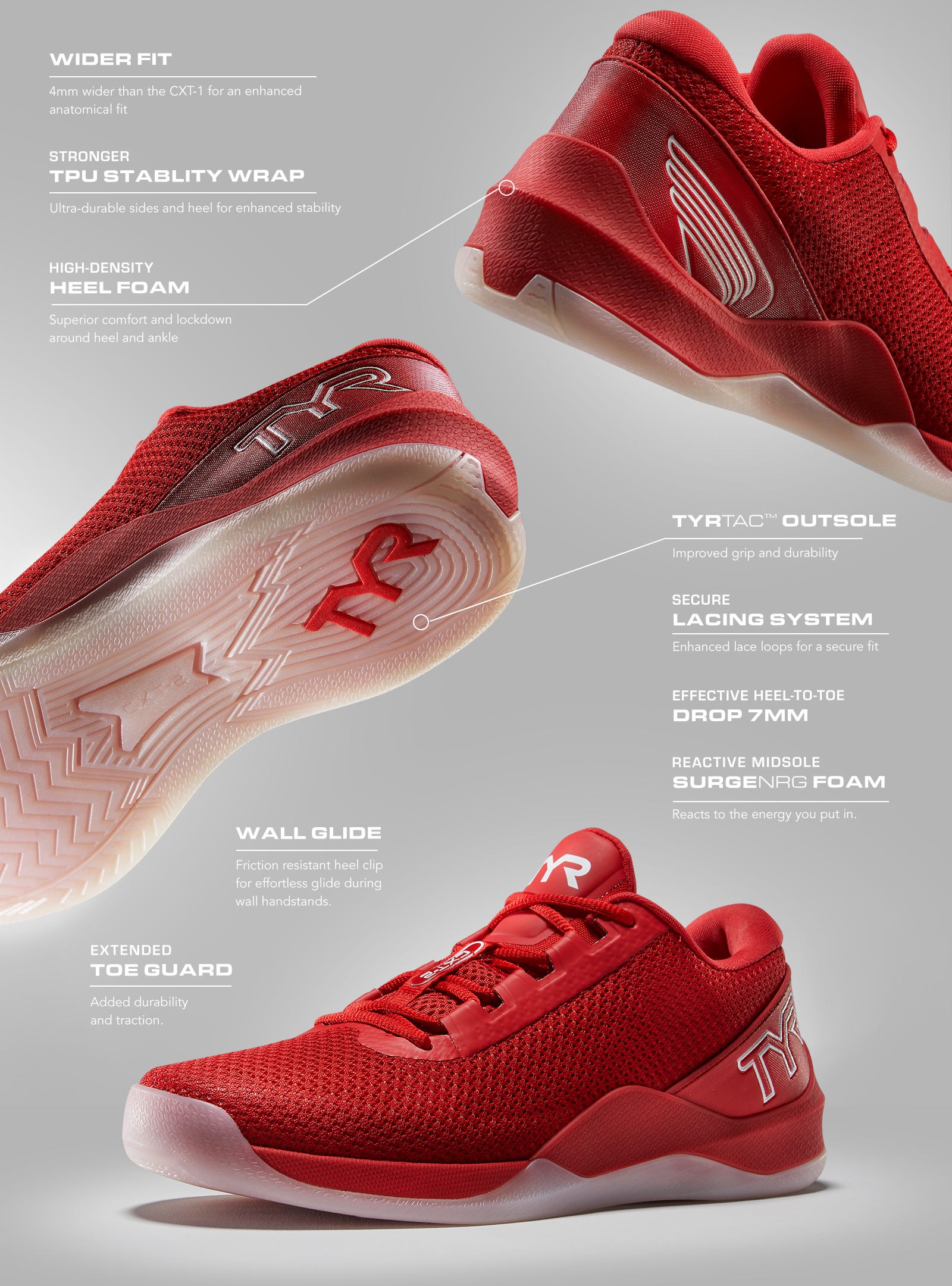 WIDER FIT: 4mm wider than the CXT-1 for an enhanced anatomical fit STRONGER TPU STABILITY WRAP: Ultra-durable sides and heel for enhanced stability HIGH-DENSITY HEEL FOAM: Superior comfort and lockdown around heel and ankle TYRTAC™ OUTSOLE: Improved grip 
