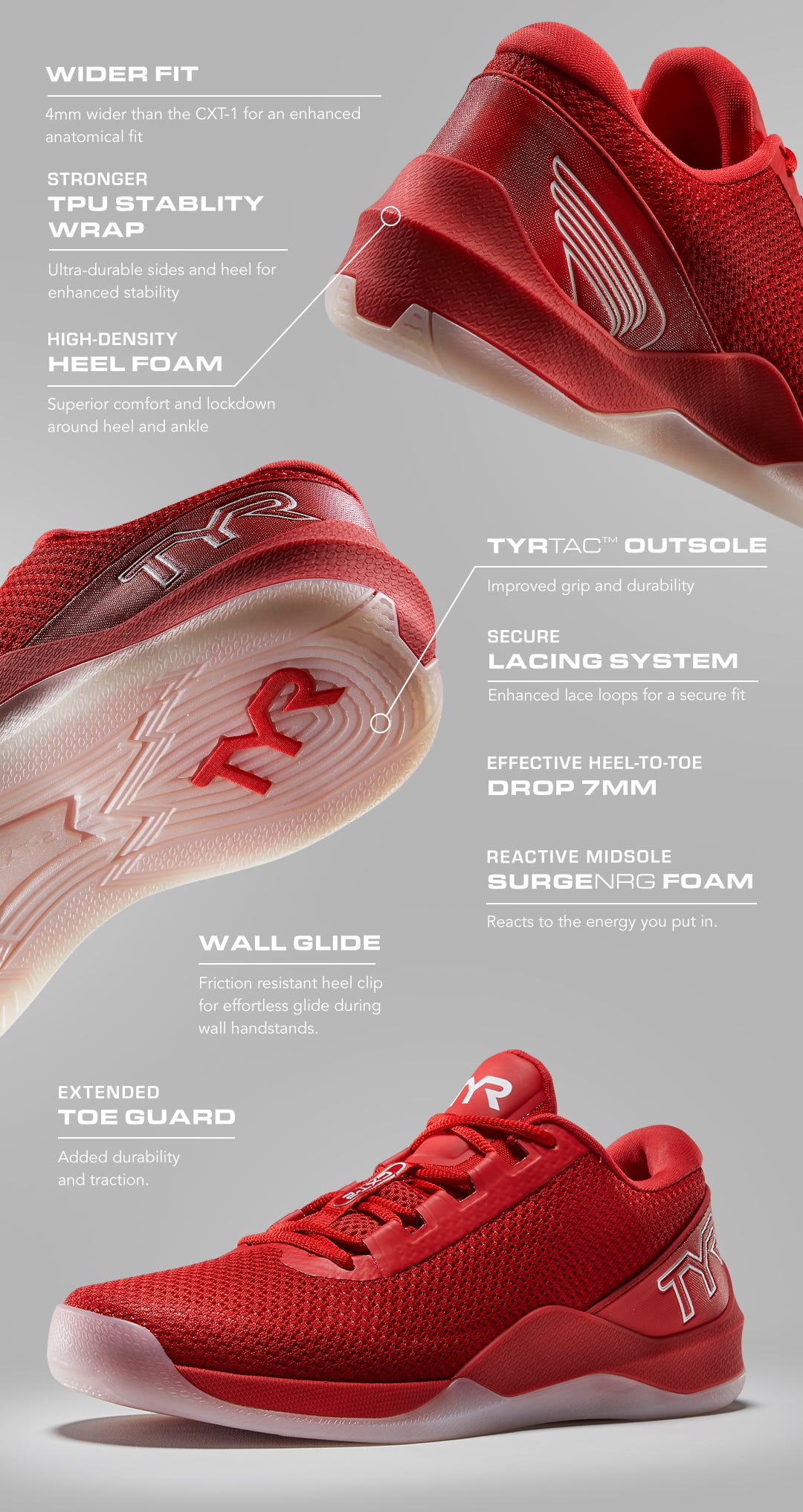 WIDER FIT: 4mm wider than the CXT-1 for an enhanced anatomical fit STRONGER TPU STABILITY WRAP: Ultra-durable sides and heel for enhanced stability HIGH-DENSITY HEEL FOAM: Superior comfort and lockdown around heel and ankle TYRTAC™ OUTSOLE: Improved grip 