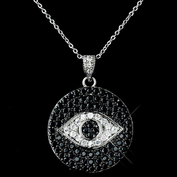 Elegance by Carbonneau Antique Rhodium Silver Clear w/ Black Hamsa Evil Eye Hand Middle Eastern Arabic CZ Crystal Pendent Necklace 7722