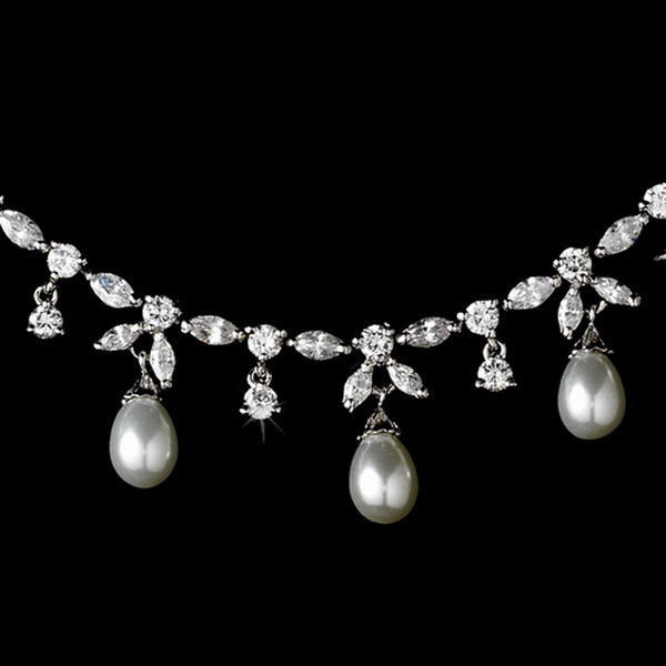 Elegance by Carbonneau N-3842-Silver-Pearl Elegant Antique Silver Clear CZ & Pearl Necklace N 3842