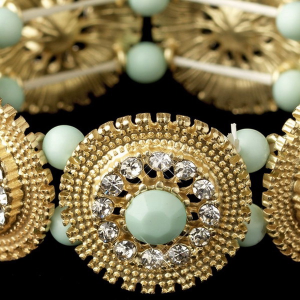 Elegance by Carbonneau B-82043-G-Mint Gold Mint Green Stone & Clear Rhinestone Stretch Bracelet 82043