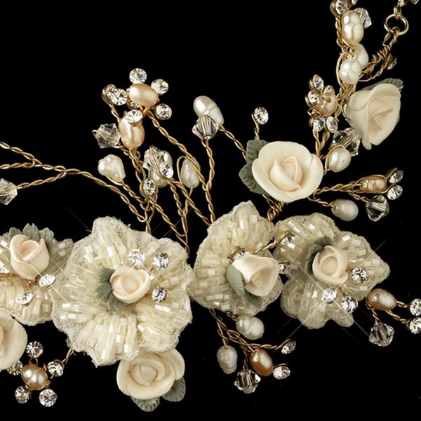 Elegance by Carbonneau N-9901-G-Rum Gold Rum Freshwater Pearl, Swarovski Crystal, Rhinestone, Bead, Porcelain Rose Necklace 9901