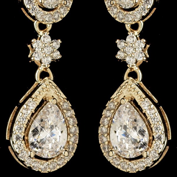 Elegance by Carbonneau E-7763-G-CL Gold Teardrop & Oval Pave Encrusted CZ Crystal Flower Dangle Earring 7763
