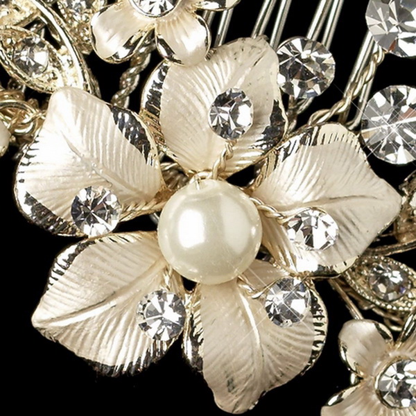 Elegance by Carbonneau Comb-63-LG-IV Light Gold Rhinestone & Ivory Pearl Petite Flower Comb 63