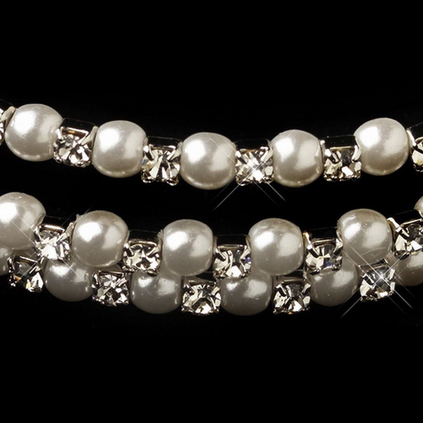 Elegance by Carbonneau B-1424-RD-WH Rhodium Rhinestone & White Pearl 3 Row Coil Stretch Bracelet 1424