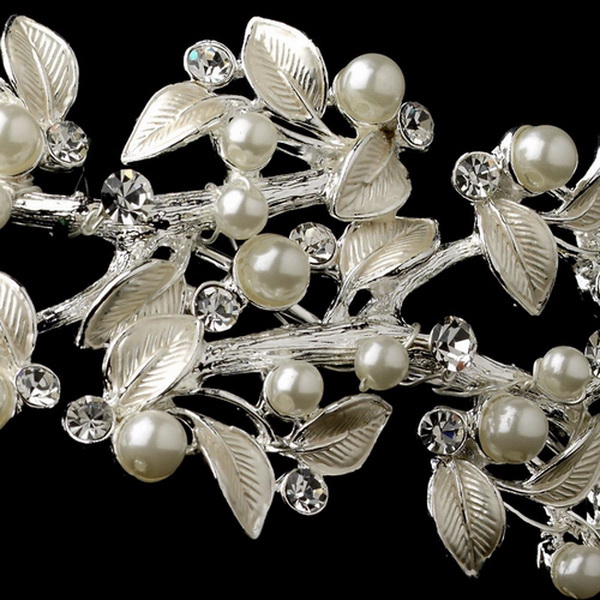 Elegance by Carbonneau HP-1542-S-IV Silver Ivory Pearl & Rhinestone Vine Side Headband 1542