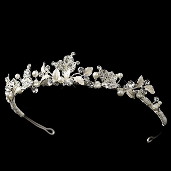 Elegance by Carbonneau HP-1535-S-IV Silver Rhinestone & Ivory Pearl Tiara Headpiece 1535