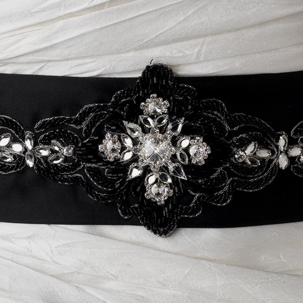 Elegance by Carbonneau Belt-19-Black * Black Floral Clear Crystal Bridal Sash Belt 19