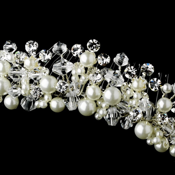 Elegance by Carbonneau Comb-476-Silver-Ivory Exquisite Silver Bridal Comb w/ Ivory Pearls & Swarovski Crystals 476