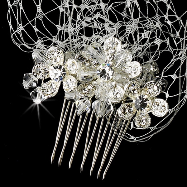 Elegance by Carbonneau Comb-9819 Russian Birdcage Tulle Headband Veil with Rhinestone & Austrian Crystal Flower Combs 9819