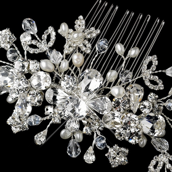 Elegance by Carbonneau Comb-9900-S-FW Silver Freshwater Pearl, Crystal & Rhinestone Hair Comb 9900