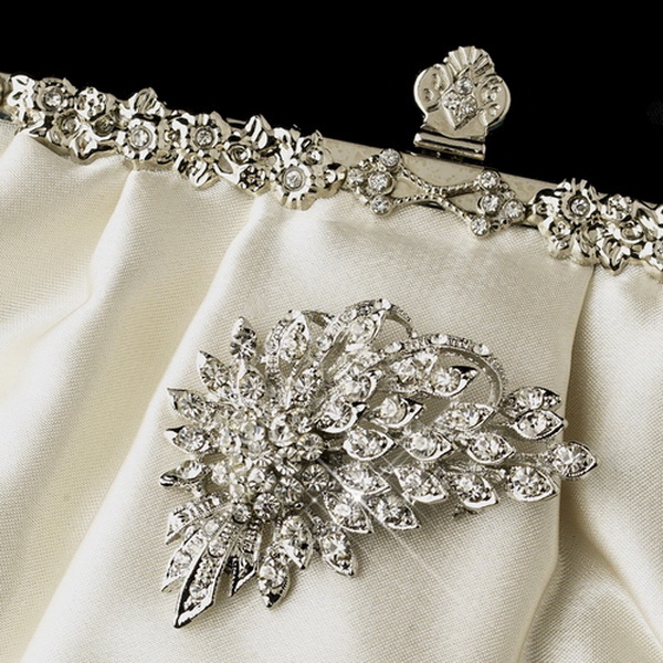Elegance by Carbonneau EB-309-Brooch-205 Rhinestone Accented Vintage Frame Satin Evening Bag 309 with Antique Silver Clear Floral Brooch 205