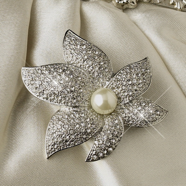 Elegance by Carbonneau EB-309-Brooch-67 Rhinestone Accented Vintage Frame Satin Evening Bag 309 with Silver Ivory Pearl Starfish Orchid Brooch 67