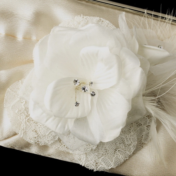 Elegance by Carbonneau EB-315-Clip-8993 Satin Crystal Evening Bag 315 with Silk Sheer Organza Flower Feather Clip 8993