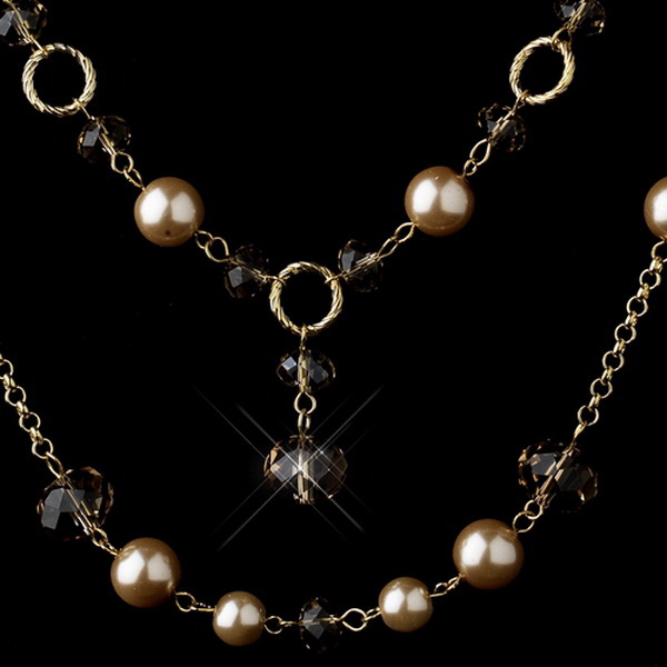 Elegance by Carbonneau NE-1040-G-Lt-Tan Gold Tan Tone Pearl and Crystal Cascade Necklace & Earrings Bridal Jewelry Set 1040