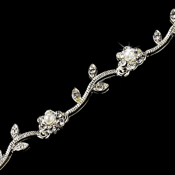 Elegance by Carbonneau B-383-Silver-White-Pearl Silver White Pearl Rhinestone Floral Bracelet B 383