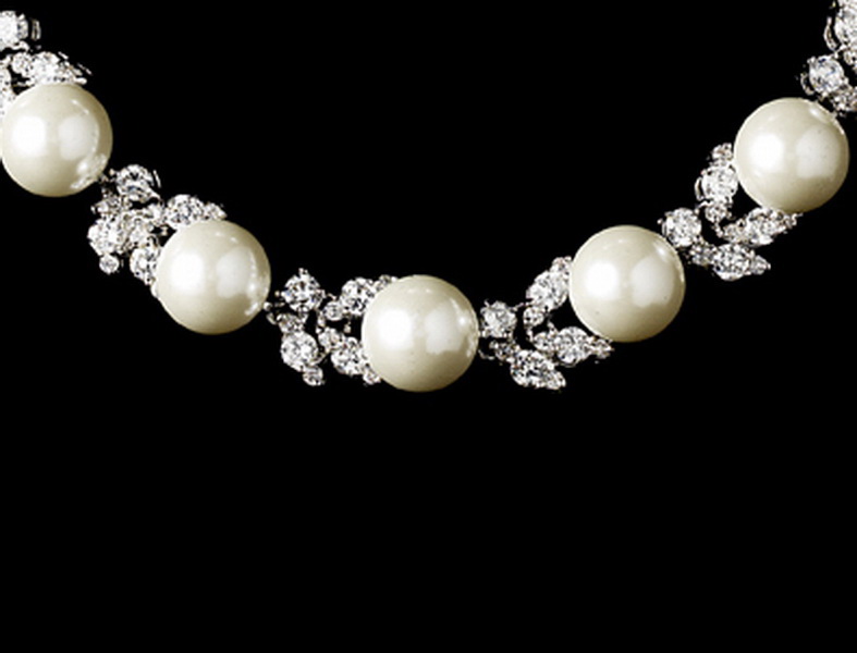 Elegance by Carbonneau N-2592-AS-Ivory Eye-Catching Floral Vine-Like CZ Necklace 2592 Silver Pearl
