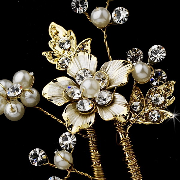 Elegance by Carbonneau Pin-039-gold Pearl and Rhinestone Floral Hair Pin 039 Gold
