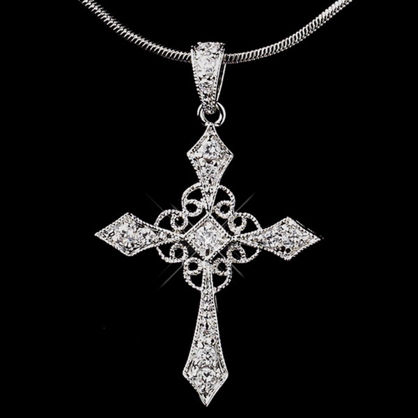 Elegance by Carbonneau N-8905-AS-Clear Antique Silver Clear CZ Crystal Cross Necklace 8905