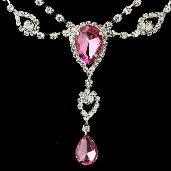 Elegance by Carbonneau NE-12054-S-Pink Silver Clear & Pink Rhinestone Necklace & Earrings Bridal Jewelry Set 12054