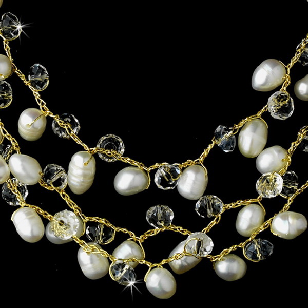 Elegance by Carbonneau N-7829-Gold Gold Silk White Pearl Clear Crystal Necklace 7829