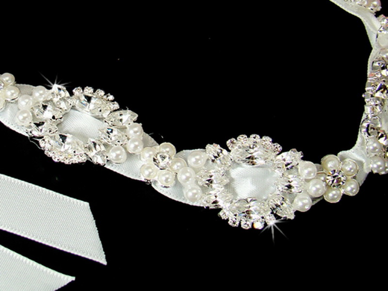 Elegance by Carbonneau HP-8207-White Pearl Ribbon Style Bridal Headband HP 8207 White or Ivory