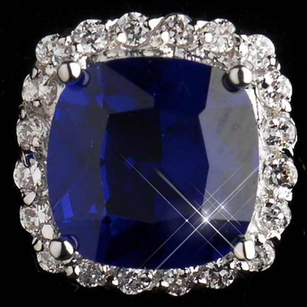 Elegance by Carbonneau Antique Silver Rhodium Sapphire & Clear Cushion CZ Crystal Cut Stud Earrings 7851