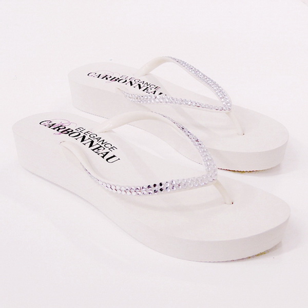 Elegance by Carbonneau Sunshine-White * Sunshine ~ Low Heel White Wedge Flip Flops with Crystal Straps