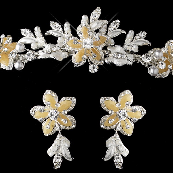 Elegance by Carbonneau Gold Champagne Flower Accent & White Pearl Matching Floral Tiara Necklace & Earrings Jewelry Set 8100