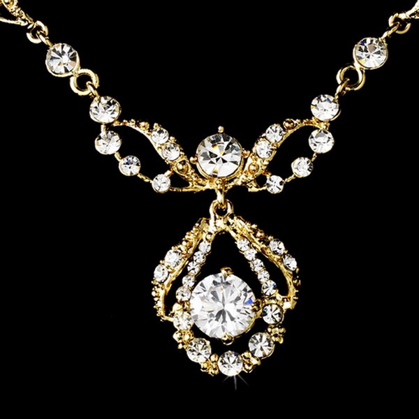 Elegance by Carbonneau NE-8265-G-Clear Gold Clear Round Rhinestone Necklace & Earrings Bridal Jewelry Set 8265