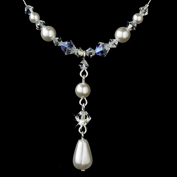 Elegance by Carbonneau N-8154-Silver-White Delightful Silver White Pearl & AB Crystal Bead Necklace 8154