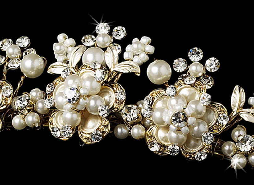 Elegance by Carbonneau HP-6443-G-Ivory Elegant Pearl & Rhinestone Bridal Tiara HP 6443 (Gold or Silver)