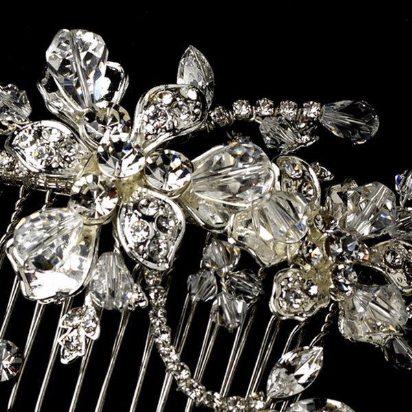 Elegance by Carbonneau Comb-8153-Silver Captivating Silver Floral Hair Comb w/ Clear Rhinestones & Austrian Crystals 8153