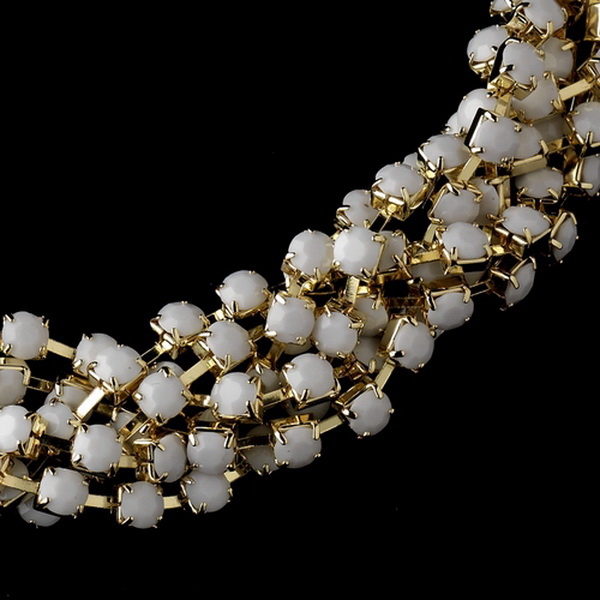 Elegance by Carbonneau Gold White Faceted Bead Multi Strand Interweaved Fashion Necklace & Earrings Jewelry Set 8162