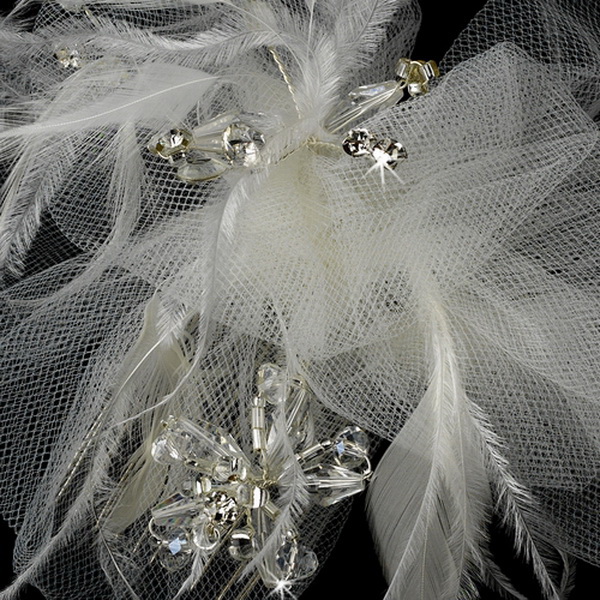 Elegance by Carbonneau Comb-3201 Luxurious White or Ivory Tulle & Feather Bridal Comb w/ Austrian Crystals 3201