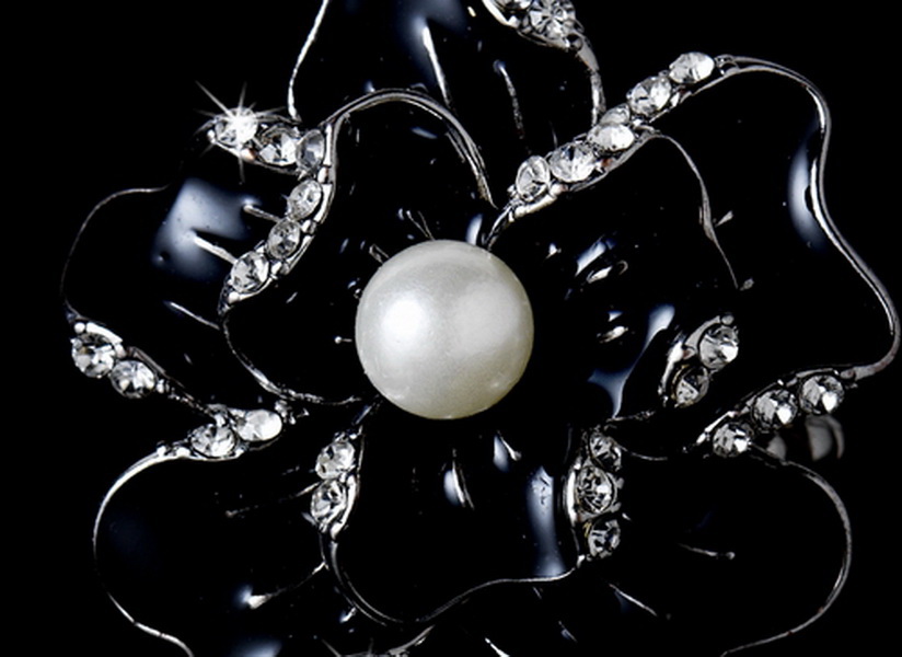 Elegance by Carbonneau Ring-8-Black Whimsical Silver Black Flower Stretch Ring w/ Clear Rhinestones 8