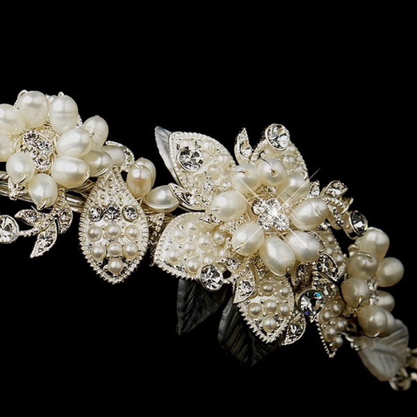 Elegance by Carbonneau HP-8279-S-Ivory Silver Ivory Pearl & Clear Rhinestone Floral Side Accented Bridal Headband Headpiece 8279
