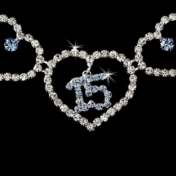 Elegance by Carbonneau NE-460-15-Silver-Light-Blue Light Blue Rhinestone Sweet 15 Quincea?era Heart Necklace & Earring Jewelry Set NE 460